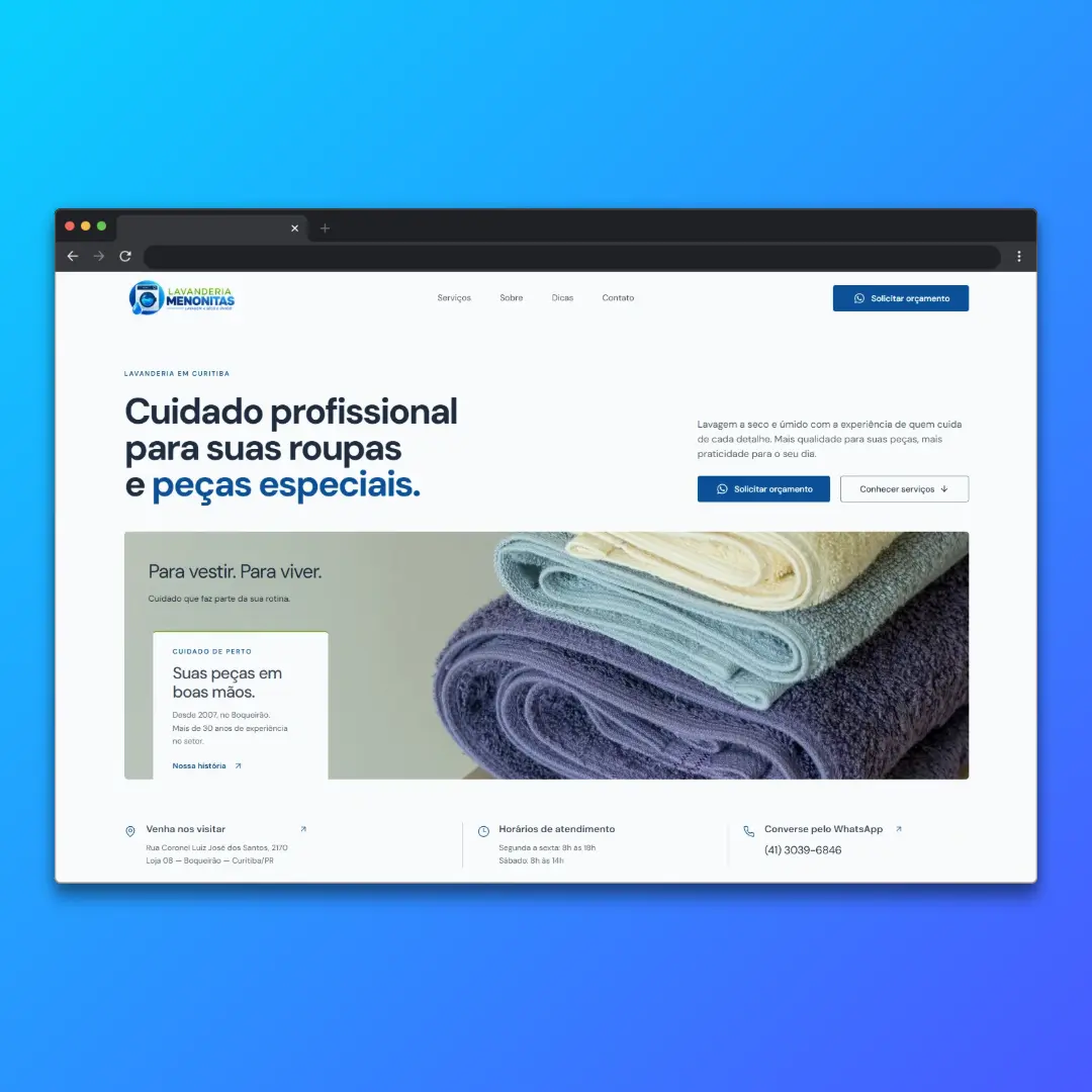 Site de Lavanderia Menonitas exibido em computador e celular