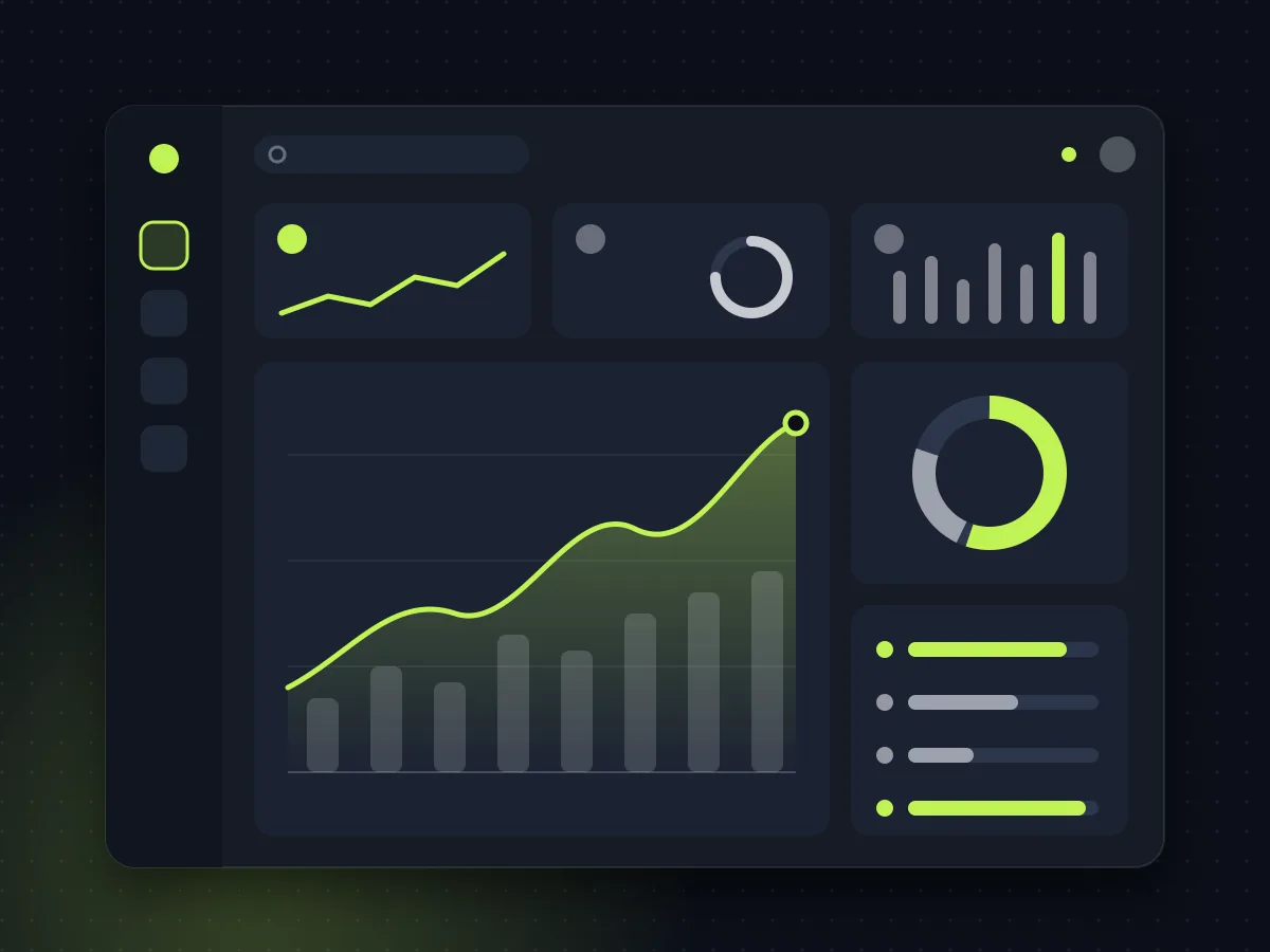 Ilustração de um painel de sistema com indicadores, gráficos e barras de progresso