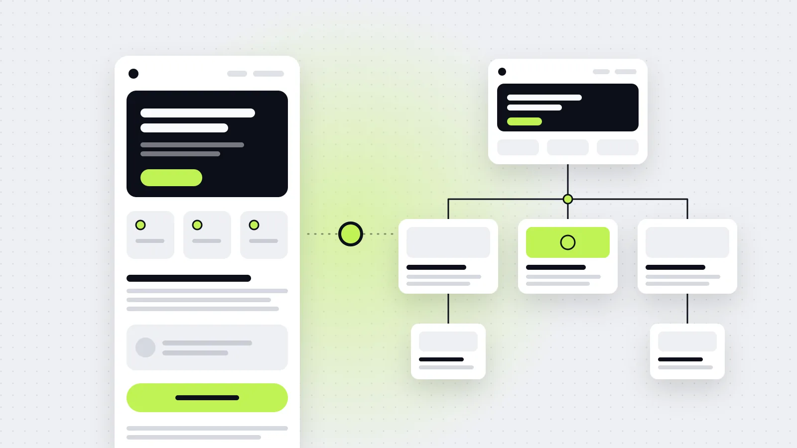 Ilustração de uma landing page longa, de uma só coluna, ao lado do mapa de páginas de um site institucional ligado a ela por um marcador verde-limão